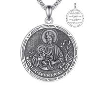 YFN Collier St Joseph en argent sterling 925 pour hommes et femmes médaillon Saint Joseph Pendentif saint patron des travailleurs et des familles avec chaîne réglable de 55 cm + 5 cm Boîte cadeau