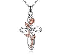YFN Rose Fleur Croix Collier en Argent Sterling Infini Amour Noeud Celtique Pendentif Collier pour les Femmes Maman Femme Fille