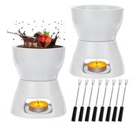 YFNVH Lot de 2 Sets Fondue en Céramique Blanc, Caquelon Blanc en Porcelaine avec 8 Fourchettes en Acier Inoxydable, Fondue au Chocolat et Fromage pour Fêtes, Dessert, Dîner et Pique-Nique, 400ml