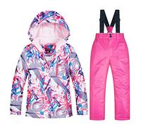 YFPICO Ensemble de Ski Enfant Fille Garçon Veste de Ski Snow avec Salopette Matelassé Combinaison de Ski Neige Snowboard Imperméable Coupe-Vent, Rose - Fille - E, 14-15 Ans/Stature 155cm