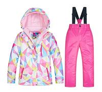 YFPICO Ensemble de Ski Enfant Fille Garçon Veste de Ski Snow avec Salopette Matelassé Combinaison de Ski Neige Snowboard Imperméable Coupe-Vent, 11-12 Ans/Stature 155cm