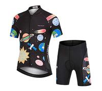 YFPICO Maillot Vélo Manches Courtes et Cuissard Cycliste VTT 3D Coussin Rembourré Tenue Cyclisme Confort Enfant Garçon Fille, Noir, 9-10 Ans/L