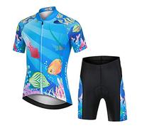 YFPICO Maillot Vélo Manches Courtes et Cuissard Cycliste VTT 3D Coussin Rembourré Tenue Cyclisme Confort Enfant Garçon Fille, Bleu, 5-6 Ans/S