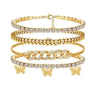 yfstyle Lot de 3 bracelets de cheville en forme de papillon pour femmes et filles - Breloques papillon et strass - Chaîne tressée réglable - Pour l'été, la plage, Small,Adjustable, Métal, Strass