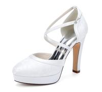 YFZBJY Escarpins avec plateau en satin à motif en dentelle pour femme, fermé en bout avec sangles croisées à la cheville - élégantes chaussures à talons aiguilles pour mariages et événements formels