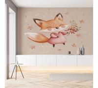 YGcegcia Papier Peint 250x175 cm Renard Mignon Étoiles Fleur Plante Papier Peint Panoramique Intissé Animal Dessin Animé Ciel étoilé Tapisserie Photo Décoration Murale pour Salon Chambre Bureau