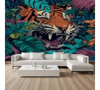 YGcegcia Papier Peint 250x175 cm Tigre Animaux Sauvages Jungle Papier Peint Panoramique Intissé Tropical Forêt Plante Feuille Tapisserie Photo Décoration Murale pour Salon Chambre Bureau