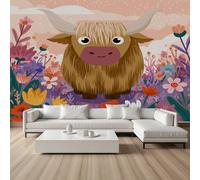 YGcegcia Papier Peint Bovins des Highland Dessin Animé Papier Peint Intissé 3D Fleurs Sauvages Animaux Ferme Tapisserie Panoramique, Wallpaper Décoration Murale Salon Chambre Bureau 100x100 cm