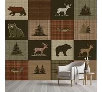 YGcegcia Papier Peint Carrea Patchwork Ferme Vintage Papier Peint Intissé 3D Ours Brun Renne Animaux Sauvages Tapisserie Panoramique, Wallpaper Décoration Murale Salon Chambre Bureau 100x100 cm