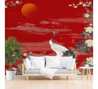 YGcegcia Papier Peint Grue à Couronne Rouge Pivoine Fleur, Papier Peint Panoramique Animaux Floral Chinois, Tapisserie Intissé Écologique, Décoration Murale, Pour Salon Chambre Bureau, 350x256cm