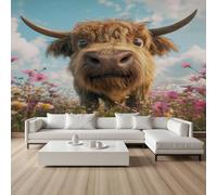 YGcegcia Papier Peint Intissé 3D Bovins des Highland Tapisserie Murale Papier Peint Fleurs Sauvages Animaux Ferme Wallpaper Panoramique Décoration Murale pour Meuble Salon Chambre 200x150cm