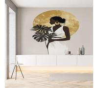 YGcegcia Papier Peint Intissé Femme Africaine Feuille Monstera Papier Peint Panoramique Africain Lune Or Minimaliste Tapisserie Photo Murale pour Salon Chambre Bureau 300x210 cm