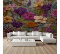 YGcegcia Papier Peint Intissé Fleurs Sauvages Multicolore Printemps Papier Peint Panoramique Floral Vintage Mur de Briques Tapisserie Photo Décoration Murale pour Chambre Salon Bureau 430x300 cm