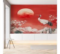 YGcegcia Papier Peint Intissé Grue à Couronne Rouge Fleur de Prunier Papier Peint Panoramique Fleurs de Cerisier Japonais Tapisserie Photo Murale pour Salon Chambre Bureau 300x210 cm