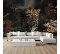 YGcegcia Papier Peint Intissé Léopard Afrique Animaux Sauvages Papier Peint Panoramique Orchidée Phalaenopsis Fleurs Jungle Tapisserie Photo Décoration Murale pour Chambre Salon Bureau 430x300 cm