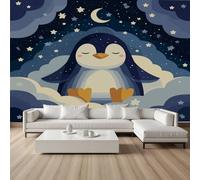 YGcegcia Papier Peint Manchot Mignon Animaux Dessin Animé Papier Peint Intissé 3D Étoiles Lune Ciel étoilé Tapisserie Panoramique, Wallpaper Décoration Murale Salon Chambre Bureau 100x100 cm