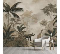 YGcegcia Papier Peint Palmier Arbre Jungle Tropical Fougère Forêt Papier Peint Intissé 3D Safari éléphant Girafe Tapisserie Panoramique, Wallpaper Décoration Murale Salon Chambre Bureau 100x100 cm