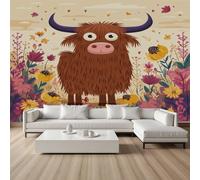 YGcegcia Papier Peint Panoramique Bovins des Highland Dessin Animé Papier Peint Intissé Fleurs Sauvages Animaux Ferme Tapisserie Photo Décoration Murale pour Salon Chambre Bureau 400x280 cm
