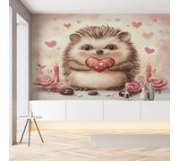 YGcegcia Papier Peint Panoramique Hérisson Mignon Dessin Animé Papier Peint Intissé Coeur Fleur Rose Romantique Tapisserie Décoration Murale 3D pour Meuble Salon Chambre Bureau 100x70 cm