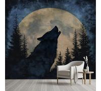 YGcegcia Papier Peint Panoramique Loup Animaux Sauvages Jungle Tapisserie Murale Papier Peint Silhouette Gothique Pleine Lune Wallpaper Intissé Décoration Murale pour Salon Chambre Bureau 350x256 cm