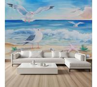 YGcegcia Papier Peint Plage étoile de Mer Oiseaux Mouette, Tapisserie Intissé Paysage Naturel Marins, Papier Peint Panoramique 200x150cm, Écologique Décoration Murale, Pour Salon Chambre Bureau