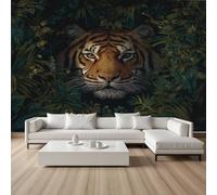 YGcegcia Papier Peint Tigre Animaux Sauvages Jungle Papier Peint Intissé 3D Moderne Feuille de Palmier Tropical Tapisserie Panoramique, Wallpaper Décoration Murale Salon Chambre Bureau 100x100 cm