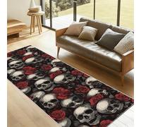 YGcegcia Tapis de Couloir Tête de Mort Crâne Motif Tapis de Cuisine 60x150cm Rose Fleurs Gothique Crâne Long Passage Antiderapant Lavable Paillasson pour Entrée Cuisine Buanderie Chambre