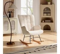 YGHQAP Fauteuil à bascule, à bascule, avec accoudoirs, en tissu peluche, rembourré, avec patins en bois, pour salon, chambre à coucher, balcon, blanc crème