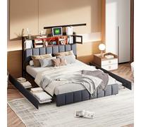 YGHQAP Lit 140 x 200 cm, lit capitonné 140 x 200 cm, tête de lit avec espace de rangement, 2 fonctions de charge USB et AC, lit double avec éclairage LED et 4 tiroirs, lit avec sommier à lattes, lin