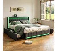 YGHQAP Lit Capitonné, Lit Double avec 4 Tiroirs, Tete de Lits avec Éclairage LED, Lits Coffre, Cadre De L_it avec Sommier à Lattes et Espace de Rangement, Lin, sans Matelas (Grisfoncé-140)