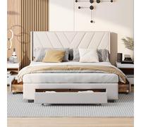 YGHQAP Lit double rembourré, 140 x 200 cm, espace de rangement, avec 3 tiroirs en bois et tête de lit, cadre de lit avec sommier à lattes et cadre en métal, lit d'appoint, lit d'appoint, lit d'appoint
