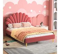 YGHQAP Lit Double Rembourré 140x200 cm, avec Tête De Lit en Forme De Fleur Et Sommier à Lattes, Tissu De Velours, Cadre De Bed pour Adultes Et Adolescents, sans Matelas (Rouge-A, 140x200cm)