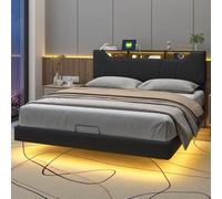 YGHQAP Lit Flottant, Lit Coffre avec Sommier LED Et USB, Lits Capitonné Double, Tête De Lits Réglable Et Rangement, Cadre De L_it avec Sommier à Lattes, PU, sans Matelas (Noir, 140X200cm)