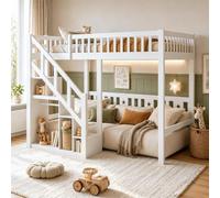 YGHQAP Lit superposé, 140 x 200 cm, pour enfant, avec sommier à lattes, espace de rangement, étagère, escalier, en bois, avec armoire simple, lit mezzanine, sans matelas, blanc (140 x 200 cm)