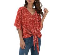 YGJIEGENG Blouse Femme Eté Mousseline Tunique Tops Manches Courtes Hauts Elégants Col V Loose Casual Tie Front Manches Trompettes T-Shirts Rouge Fleur XL