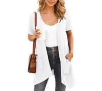 YGJIEGENG Cardigan d'été à manches courtes ouvert sur le devant pour femme, vêtement d'extérieur léger en tricot solide avec poche (M-3XL), blanc, XL