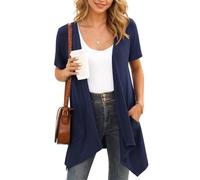 YGJIEGENG Cardigan d'été à manches courtes ouvert sur le devant pour femme, vêtement d'extérieur léger, kimono uni avec poche (M-3XL), Bleu marine, 3XL