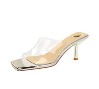 YGJKLIS Femmes 6.5cm transparent haut talon carré ouvert orteil pantoufles chaussures de plage sandales (argenté,38)