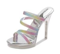 YGJKLIS Sandales à plateforme pour femme - 12 cm - Bout ouvert - Talon haut - Pantoufles d'extérieur - Chaussures de plage - Escarpins Stiletto, argenté, 35 EU