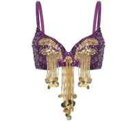 YGLEEULI Femmes en Plastique perlé Glands Ventre Haut de Danse scène Performance Rave Costume Bretelles réglables Paillettes pour Danses du Ventre, Festivals et Soirées(Purple)