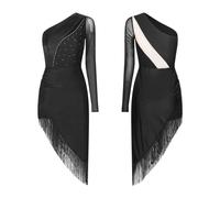 YGLEEULI Robe Danse Latine Robe de Danse Latine à Sequins, Robe cha-cha-Tango, Cabaret for Femme, Bal asymétrique Franges et Strass Brillants(Black,L)