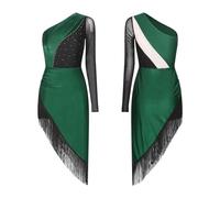 YGLEEULI Robe Danse Latine Robe de Danse Latine à Sequins, Robe cha-cha-Tango, Cabaret for Femme, Bal asymétrique Franges et Strass Brillants(Green,XL)