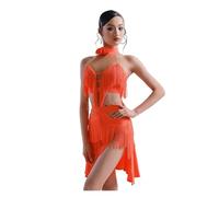 YGLEEULI Robe Danse Latine Robe de Danse Latine for Femme, Robe d'entraînement Professionnelle, Tulle, Bal for Danseuse Salon, Groupe à Franges irrégulières(Orange-Red,L)