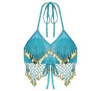 YGLEEULI Sexy Femmes Perles Paillettes Danse du Ventre Costumes Soutien-Gorge Professionnel Danseur Tenues scène Performance Carnaval Hauts pour Danses du Ventre, Festivals et Soirées(Light Blue)