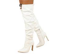 YGMNQAL Fashion Design Pleated Leather Over The Knee Boots Sexy Pointed Toe Zip White High Heels Autumn Winter Women Shoes(White,35)