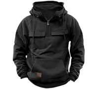 YGMNQAL Men's Half-zip Hooded Sweatshirt, Solid-color Warm Fleece Workwear Style, Multi-pocket Jacket(Black,XXXL)