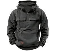 YGMNQAL Men's Half-zip Hooded Sweatshirt, Solid-color Warm Fleece Workwear Style, Multi-pocket Jacket(Dark grey,XXXL)