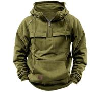 YGMNQAL Men's Half-zip Hooded Sweatshirt, Solid-color Warm Fleece Workwear Style, Multi-pocket Jacket(Green,L)