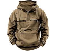 YGMNQAL Men's Half-zip Hooded Sweatshirt, Solid-color Warm Fleece Workwear Style, Multi-pocket Jacket(Khaki,S)