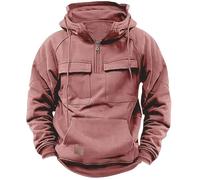 YGMNQAL Men's Half-zip Hooded Sweatshirt, Solid-color Warm Fleece Workwear Style, Multi-pocket Jacket(Pink,XXXL)